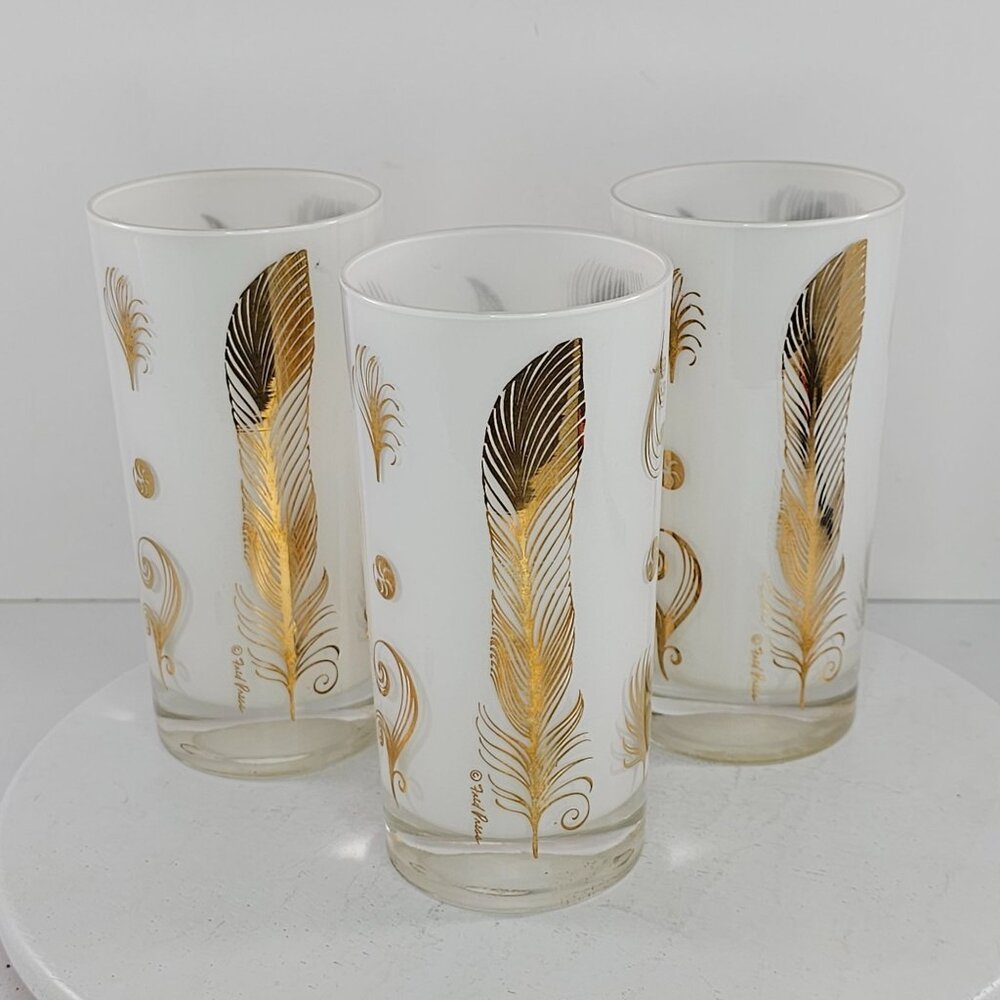 Vintage Fred Press Feather Frosted White High Ball Glasses Set of 3